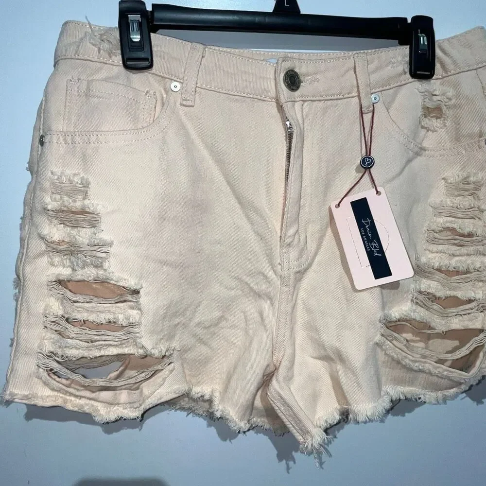 Denim Blvd Los Angeles Womens Light Pink Distressed Frayed Jean Shorts Large NWT
